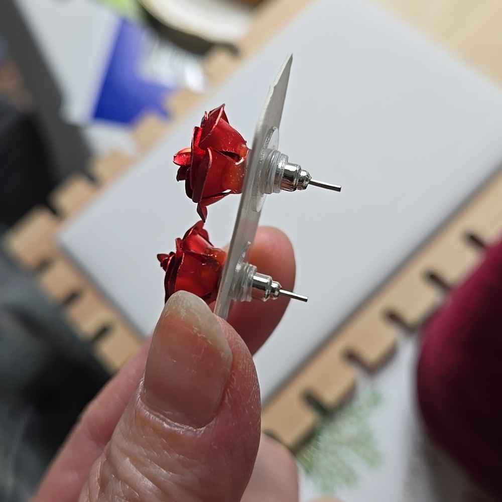 Vibrant Red Rose Stud Earrings - Picture 10 of 11